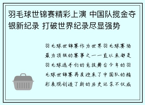 羽毛球世锦赛精彩上演 中国队揽金夺银新纪录 打破世界纪录尽显强势